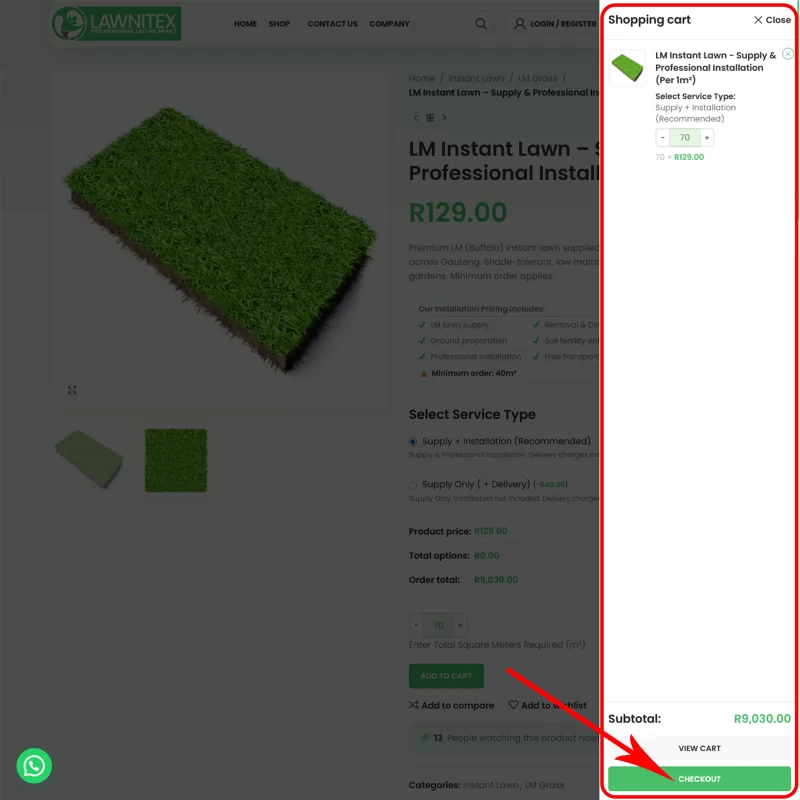 Adding instant lawn quantity to cart on Lawnitex website